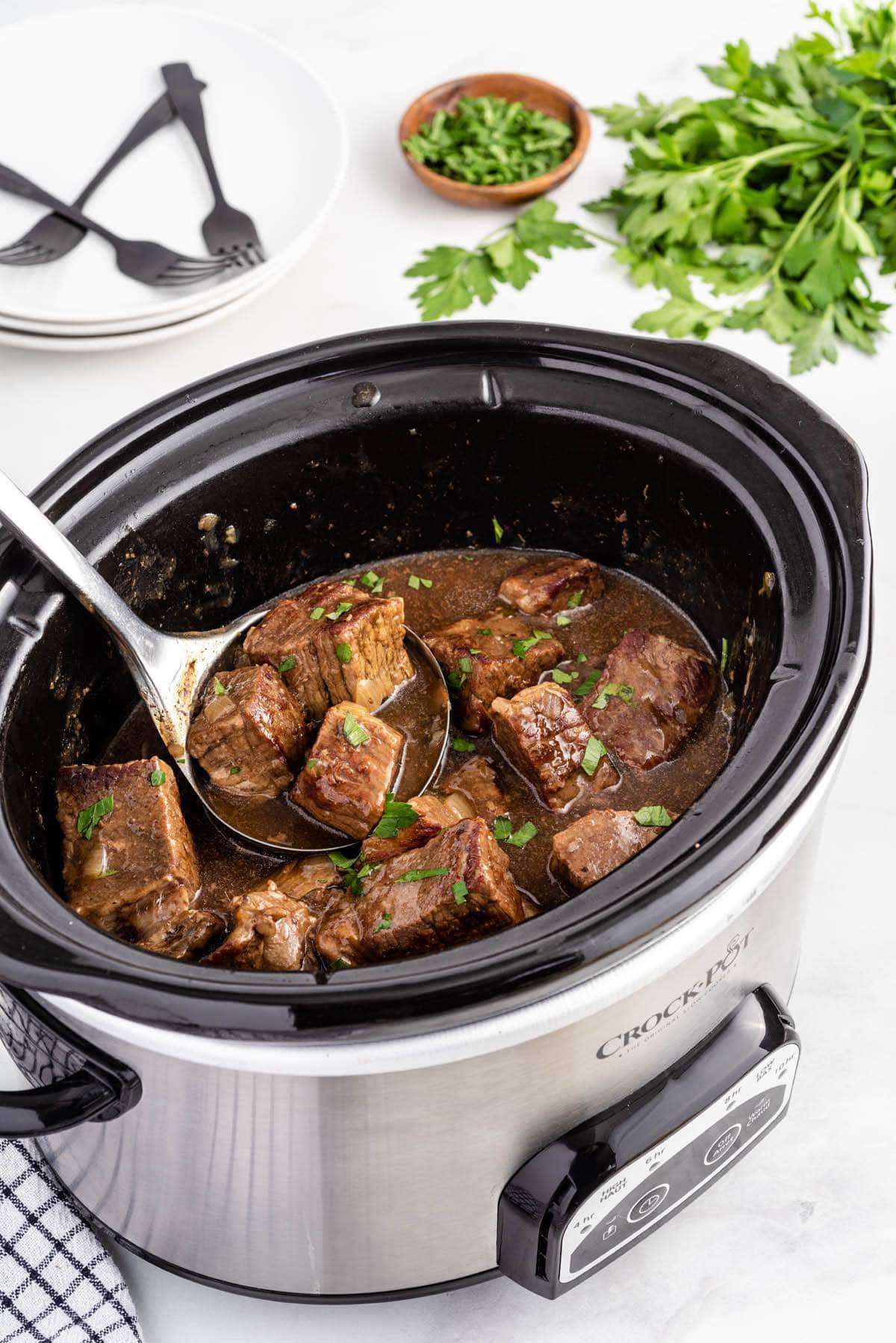 beef tips inside slow cooker