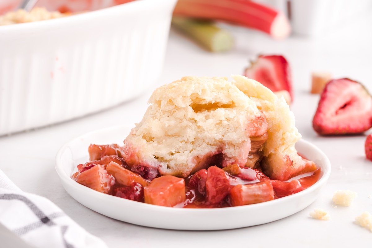 strawberry rhubarb cobbler on a plate