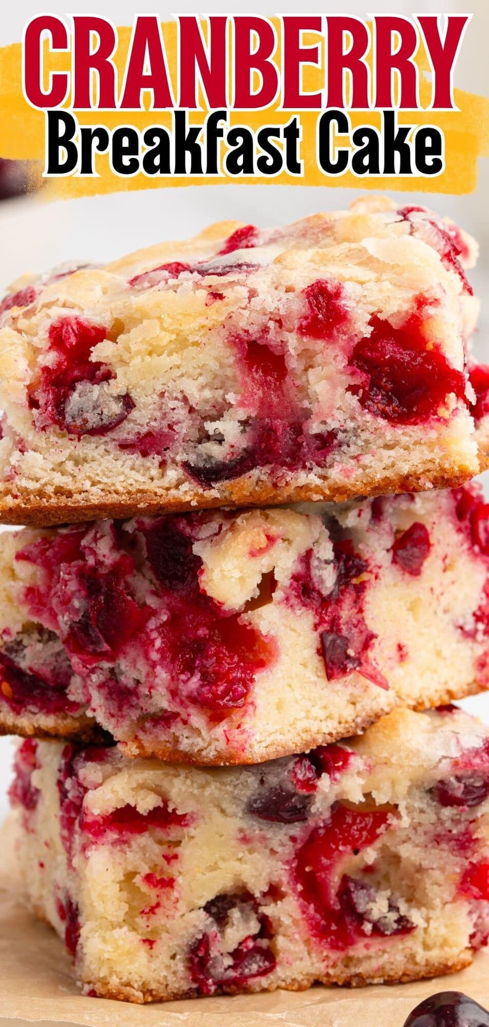Cranberry Breakfast Cake Pinterest pin showing a stacked trio of cake squares.