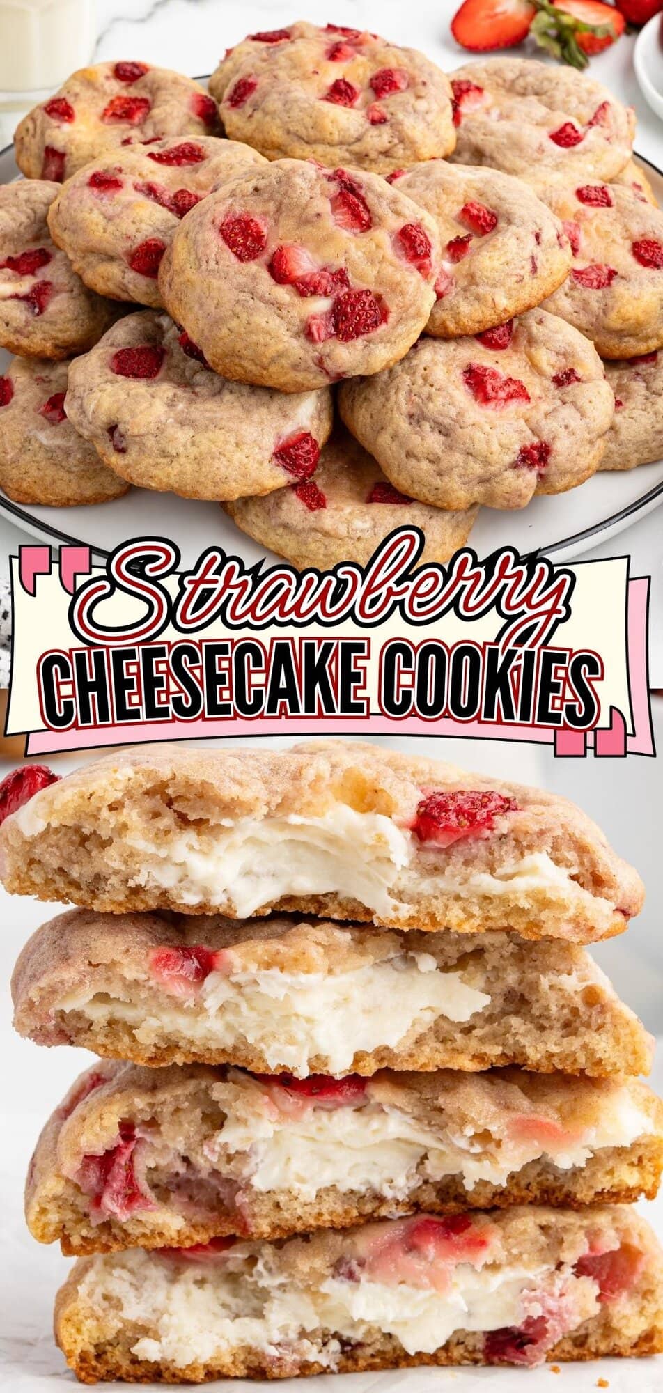 Close-up of a thick strawberry cookie broken open to show a creamy white cream cheese filling oozing from the center, with visible red strawberry chunks throughout the golden brown dough, styled on a light marble background.