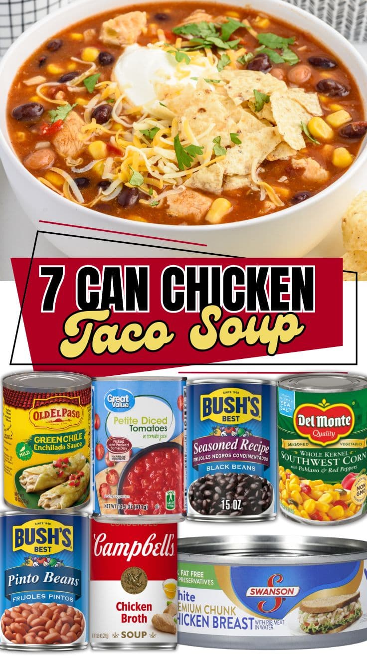 Bowl of 7 Can Chicken Taco Soup filled with beans, corn, and shredded chicken, topped with cheese and tortilla chips for a cozy dinner