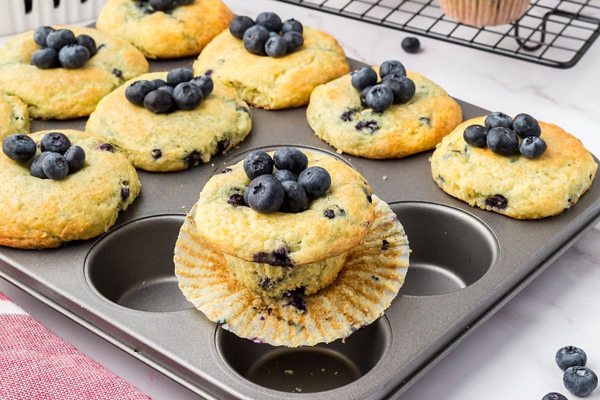 blueberry pancake mix muffins inside muffin tins