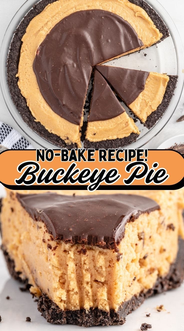 Top view of a whole Buckeye Pie with a slice missing