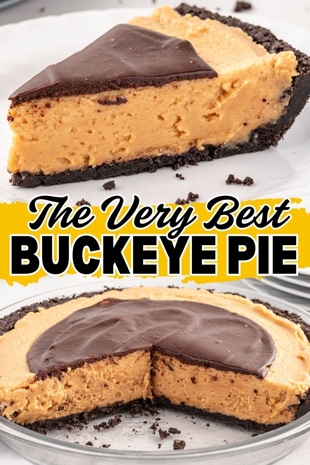Close up of a slice of Buckeye pie served on a white cake plate