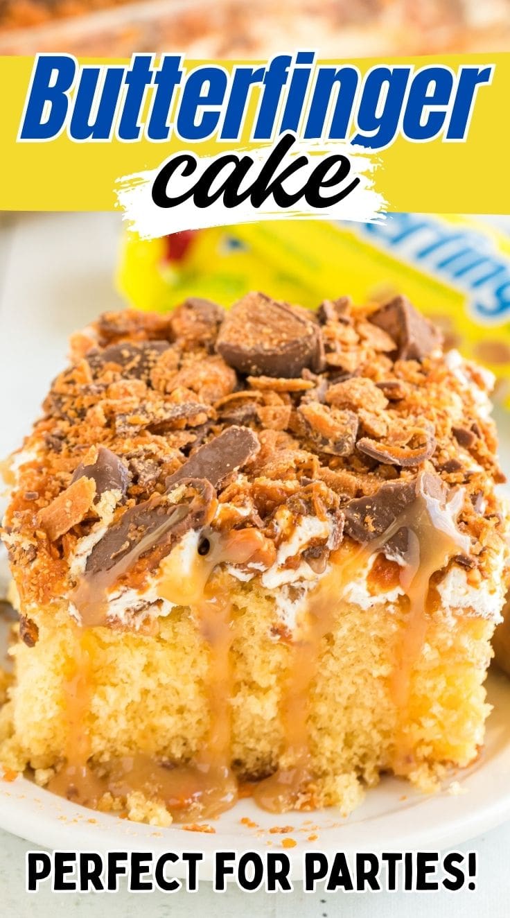 Close up of Butterfinger Cake served on a white cake plate