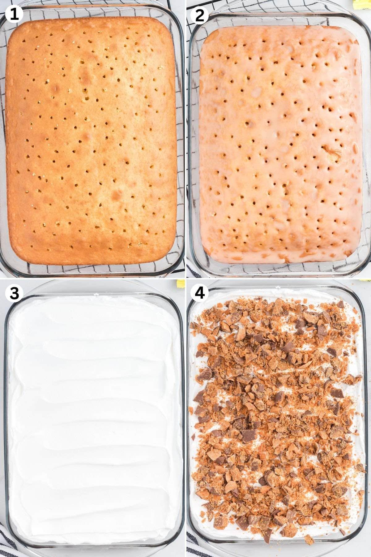 A baked cake with holes poked into it, caramel and sweetened condensed milk poured over the top, spread with Cool Whip, and finished with crushed Butterfinger candy bars.