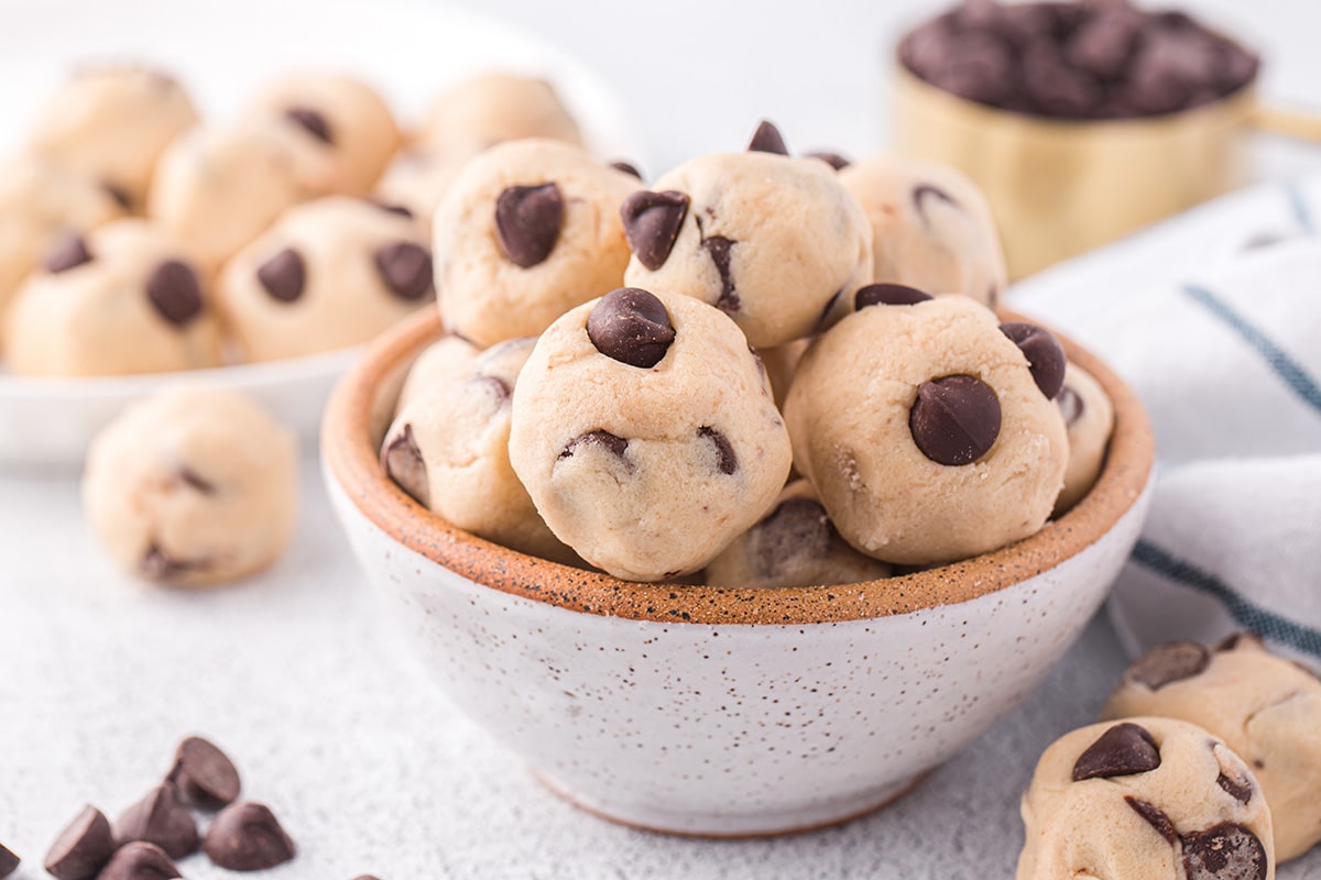 cookie dough bites in a white bowl