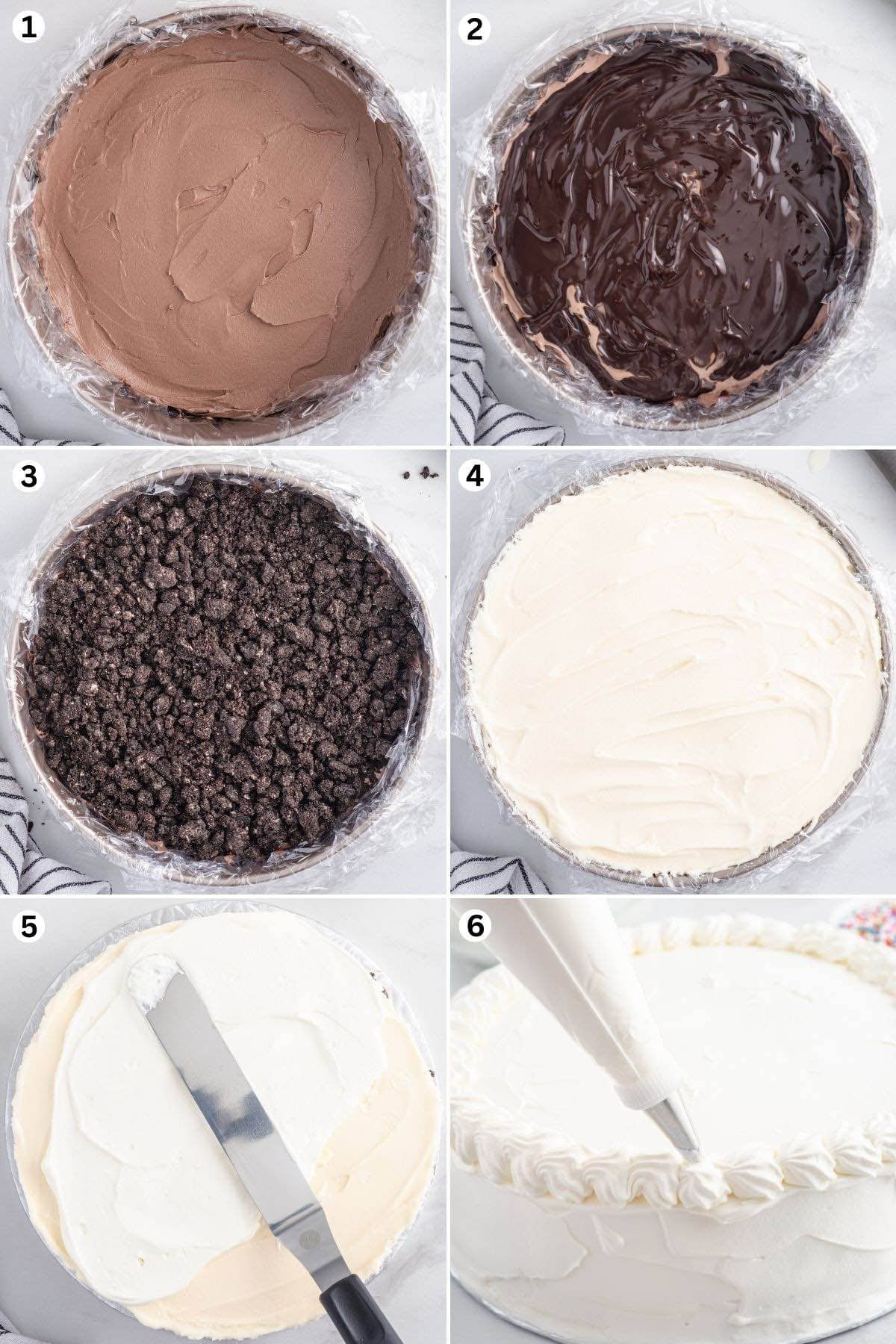 spread the chocolate ice cream at the bottom of the pan. add a layer of chocolate fudge. add a layer of cookie crunch. top with vanilla ice cream and cover with frosting. 