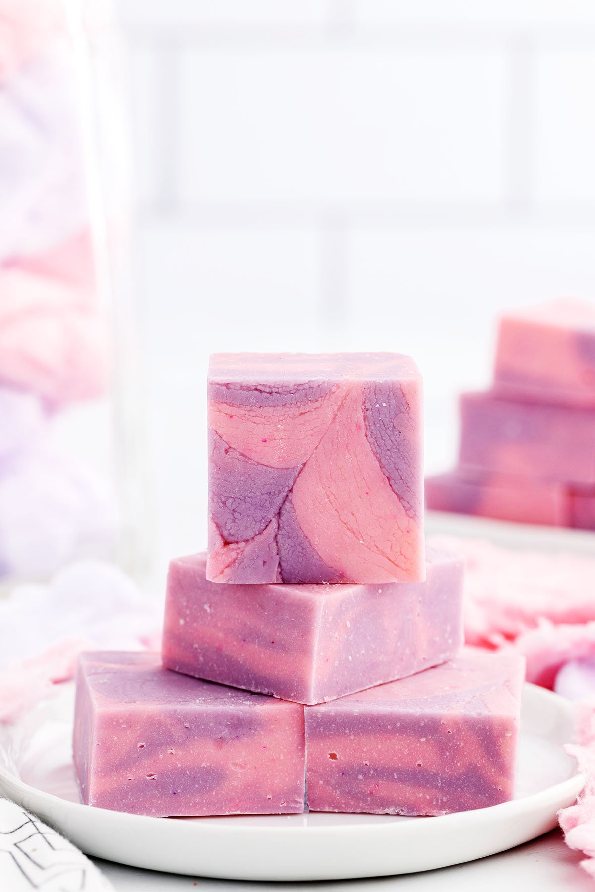 cotton candy fudge squares stacked
