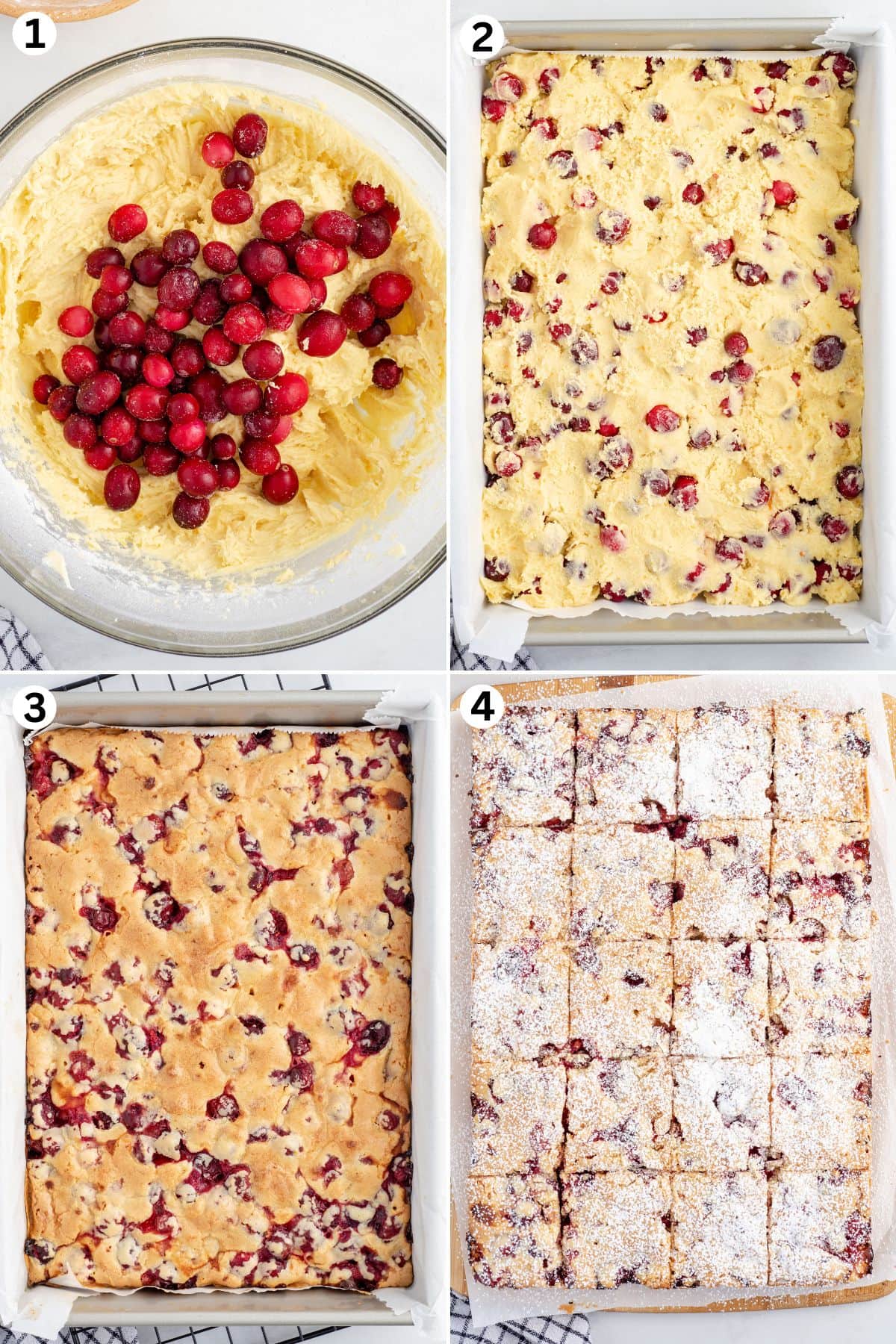 Fold in the cranberries and spoon the cake batter into the baking dish. Bake. top with powdered sugar. 