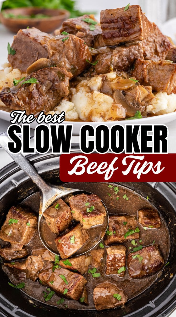 Slow cooker beef tips served on top of white rice. A scoop scooping slow cooker beef tips inside a crockpot