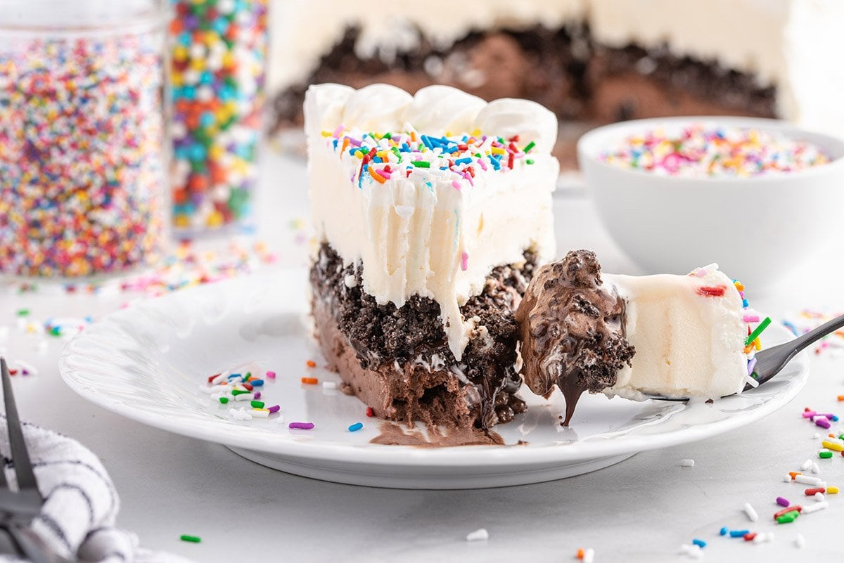 a slice of Copycat Dairy Queen Ice Cream Cake on a plate