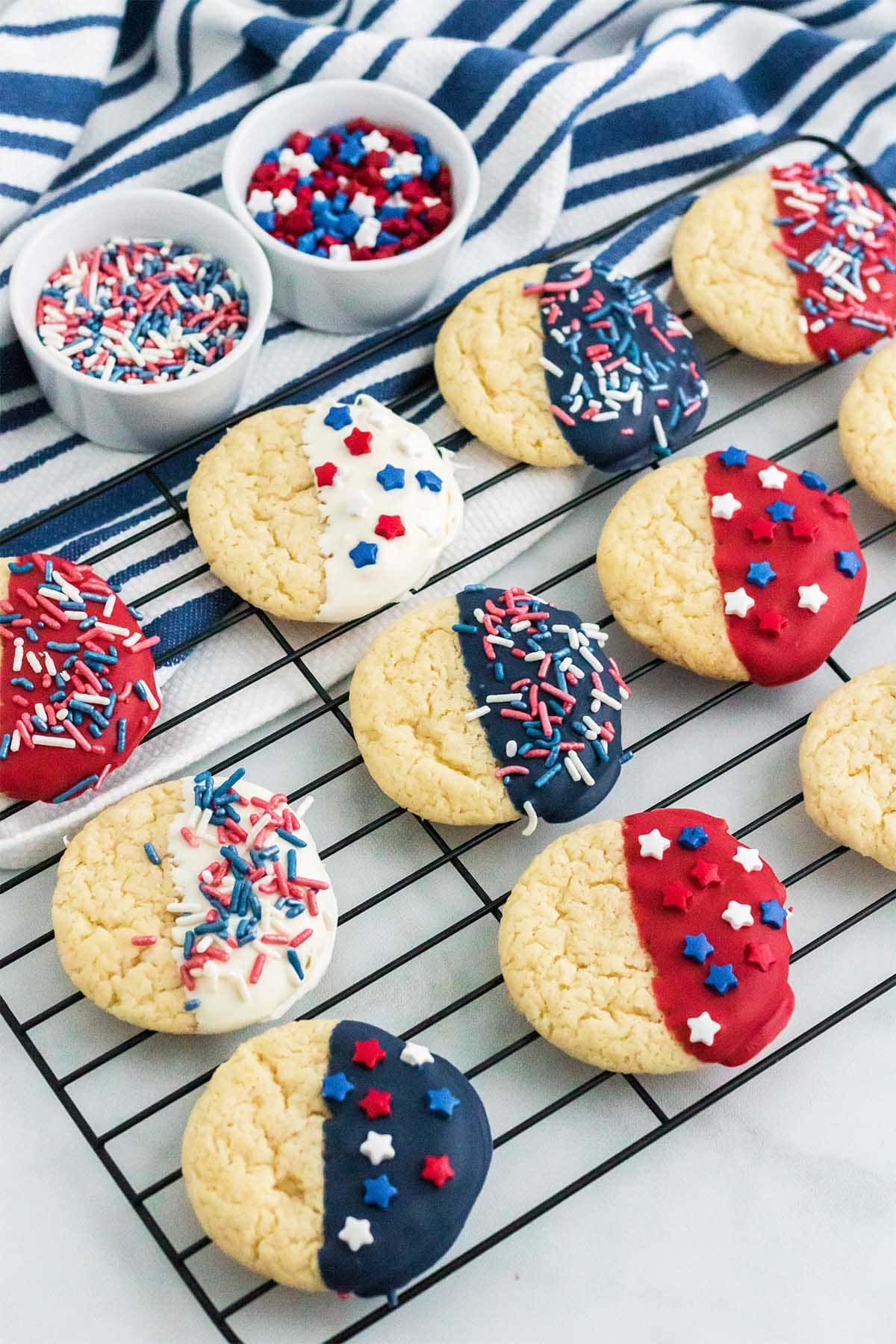 4th of july cake mix cookies on drying rack