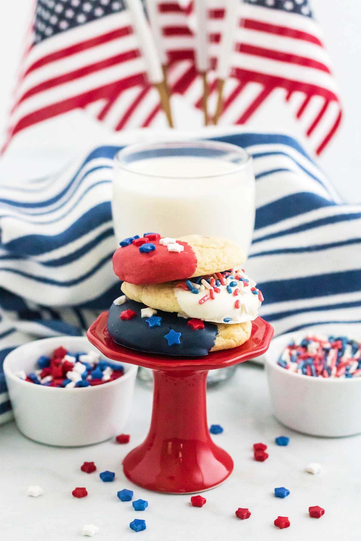 stacked 4th of July Cake Mix Cookies