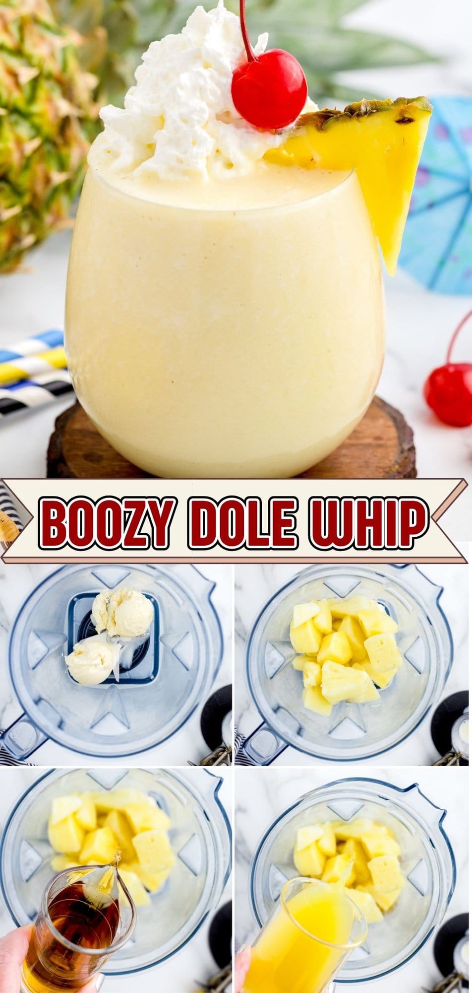 Boozy Dole Whip served in a transparent glass. Adding Boozy Dole Whip ingredients into a blender.
