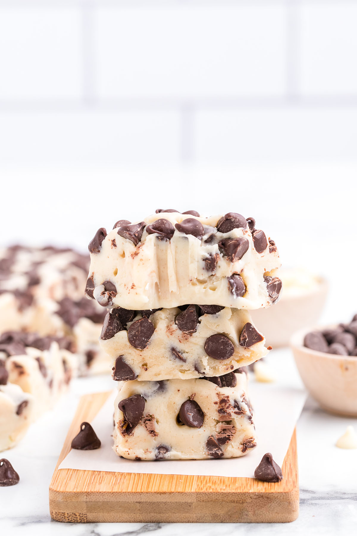bitten and stacked cookie dough fudge