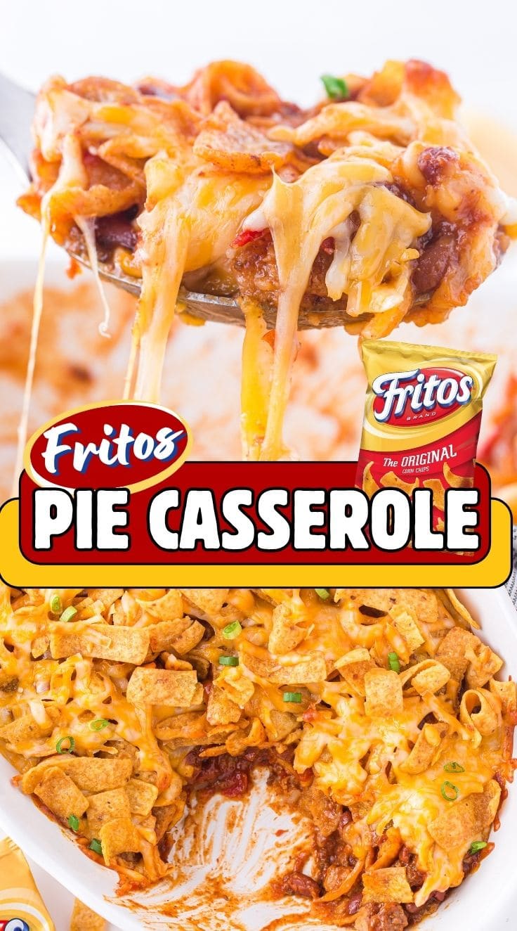 A spoon filled with cheesy Frito Pie Casserole