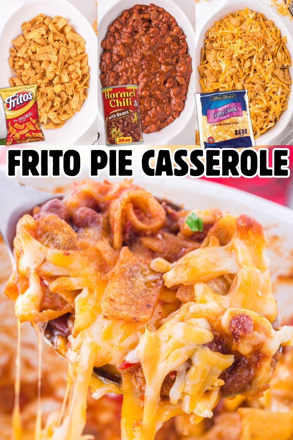 A spoon scooping out Frito Pie Casserole from casserole