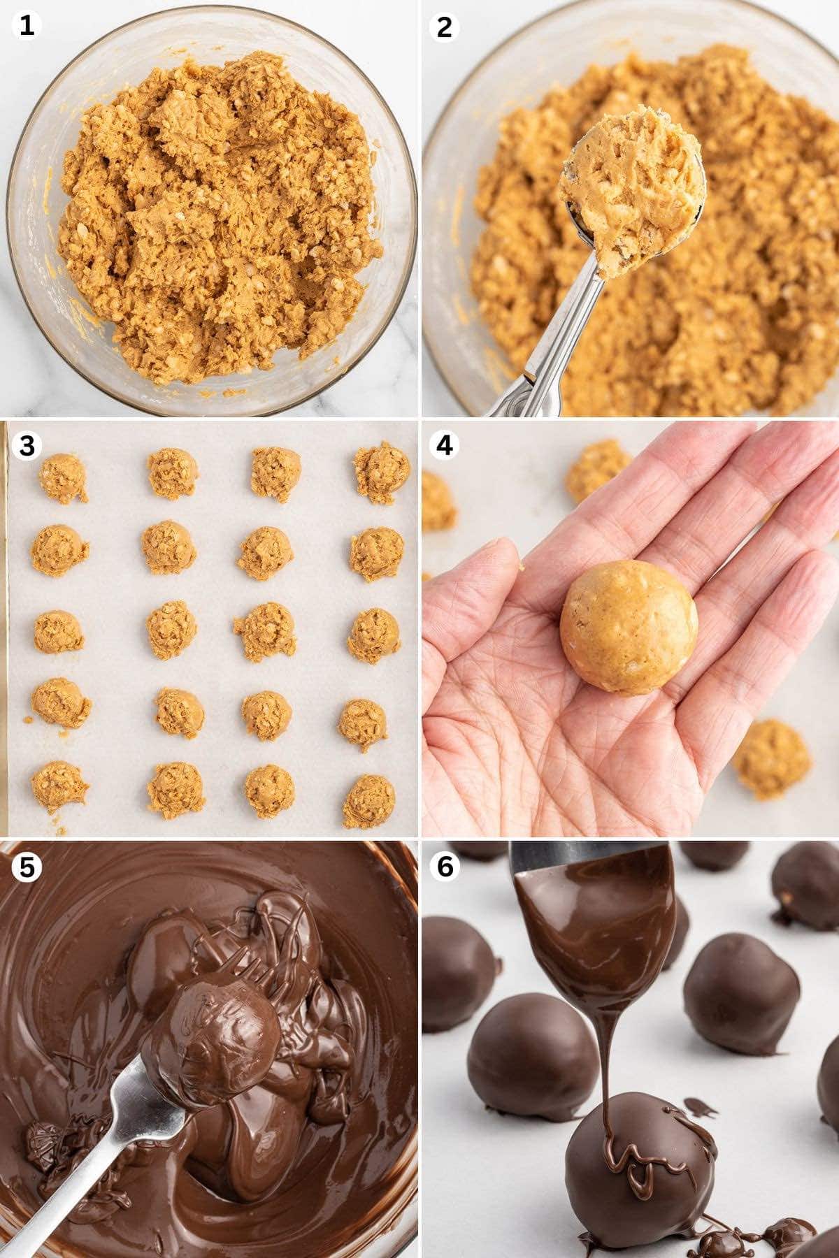 mix the peanut butter mixture in a bowl. scoop and roll into balls. dip in melted chocolate and drizzle with chocolate.