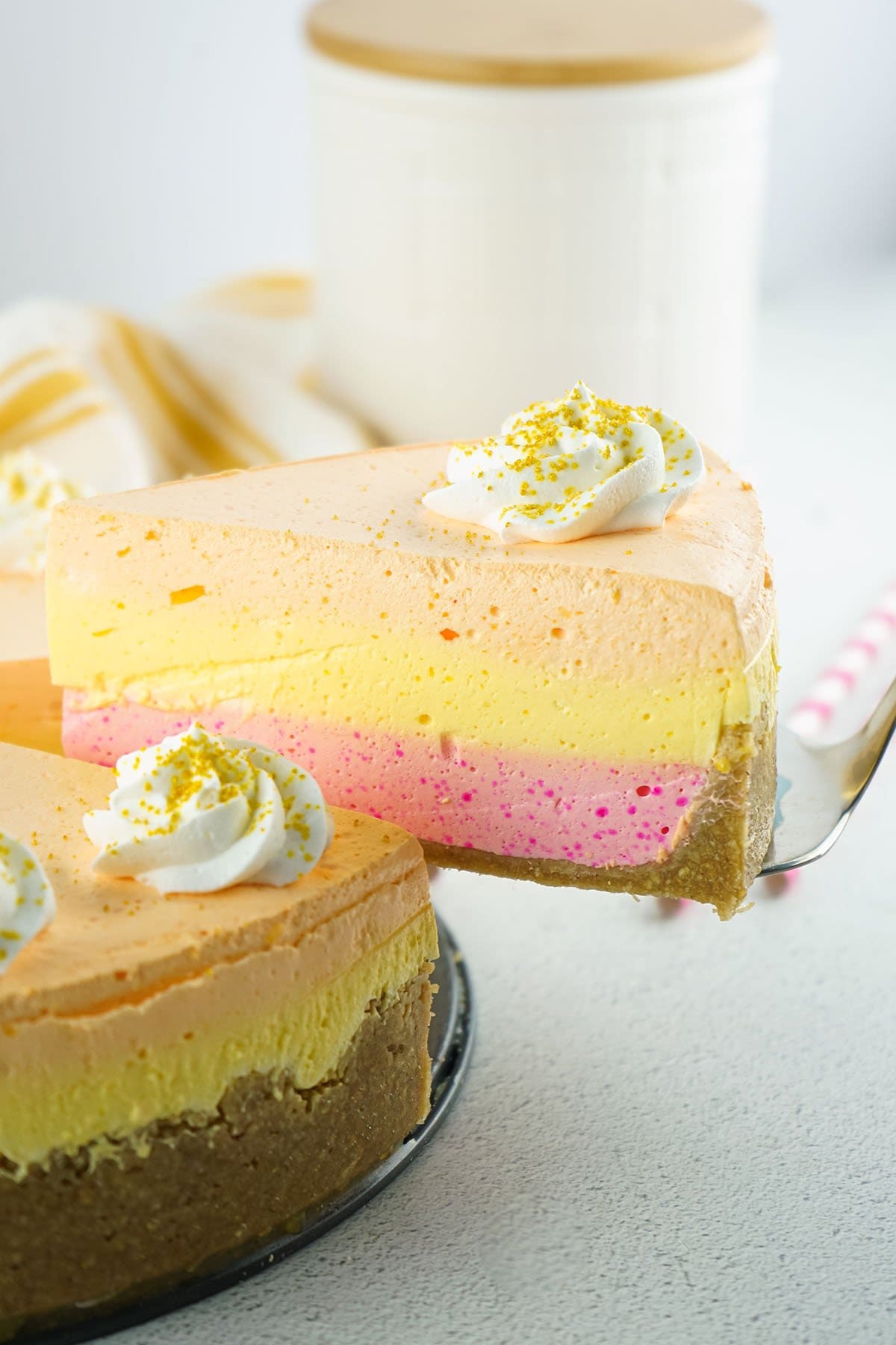 pink yellow layered jello pie