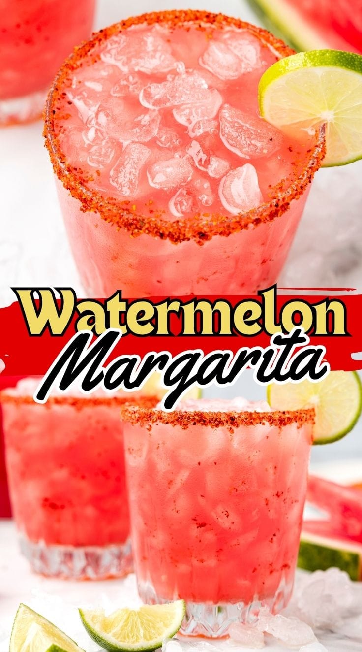 Close up shot of Watermelon Margarita inside a tajin rimmed glass, garnished with lime.
