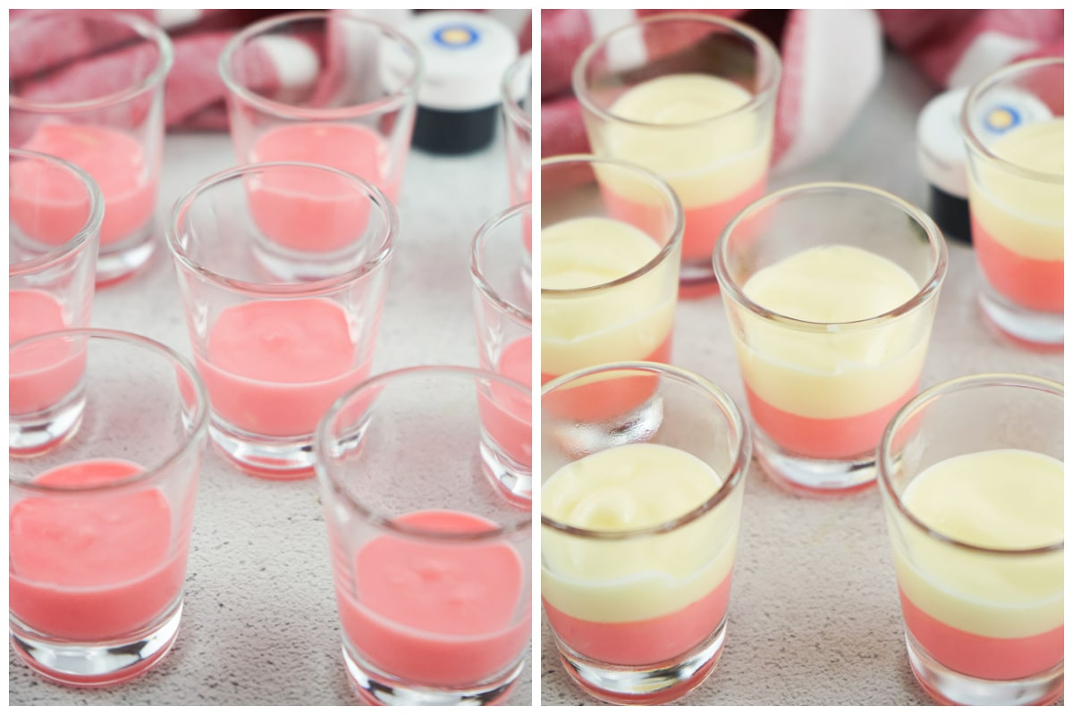 Red White and Blue Cheesecake Pudding Shots collage process