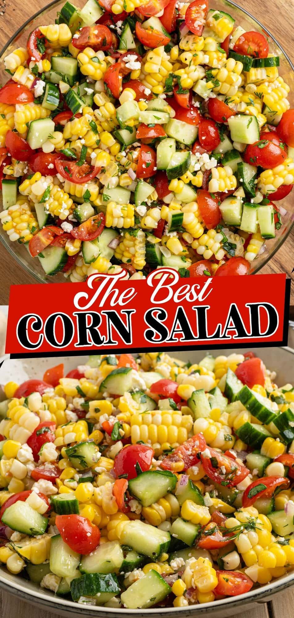 Two views of corn salad with fresh corn, cherry tomatoes, cucumber, and feta cheese in a glass bowl.