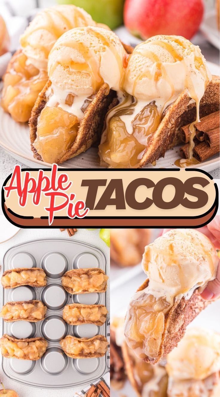 Crispy cinnamon sugar apple pie tacos filled with warm apple filling and topped with caramel and a scoop of vanilla ice cream, an easy fall dessert recipe.