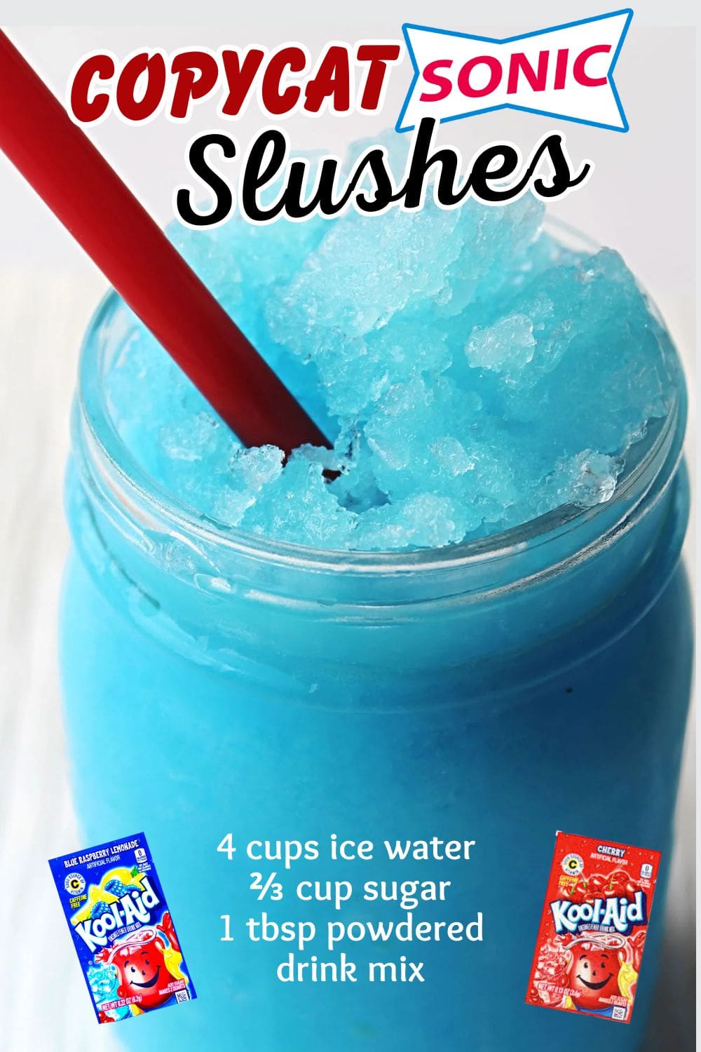 Bright blue Sonic Slushes in a mason jar glass with red straw