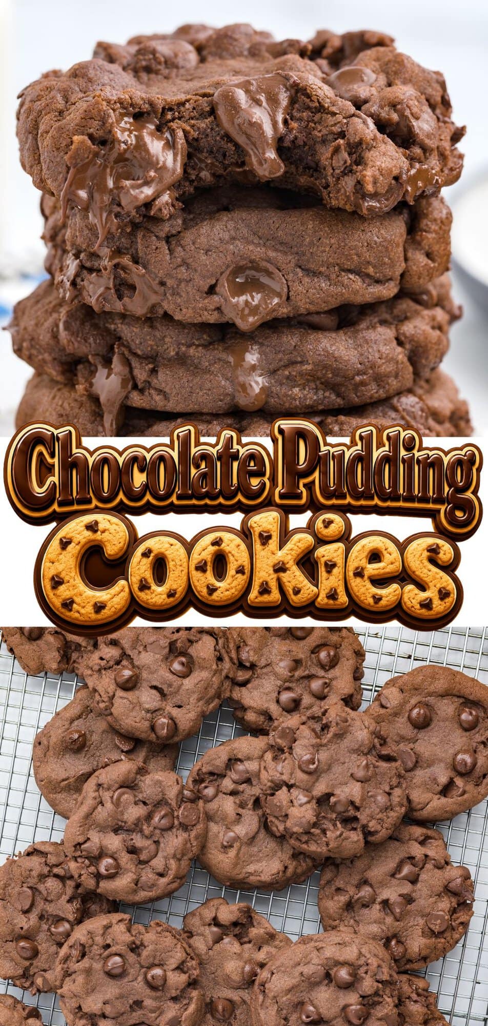 a stack with melted chocolate chips oozing out, and a cooling rack of cookies below.