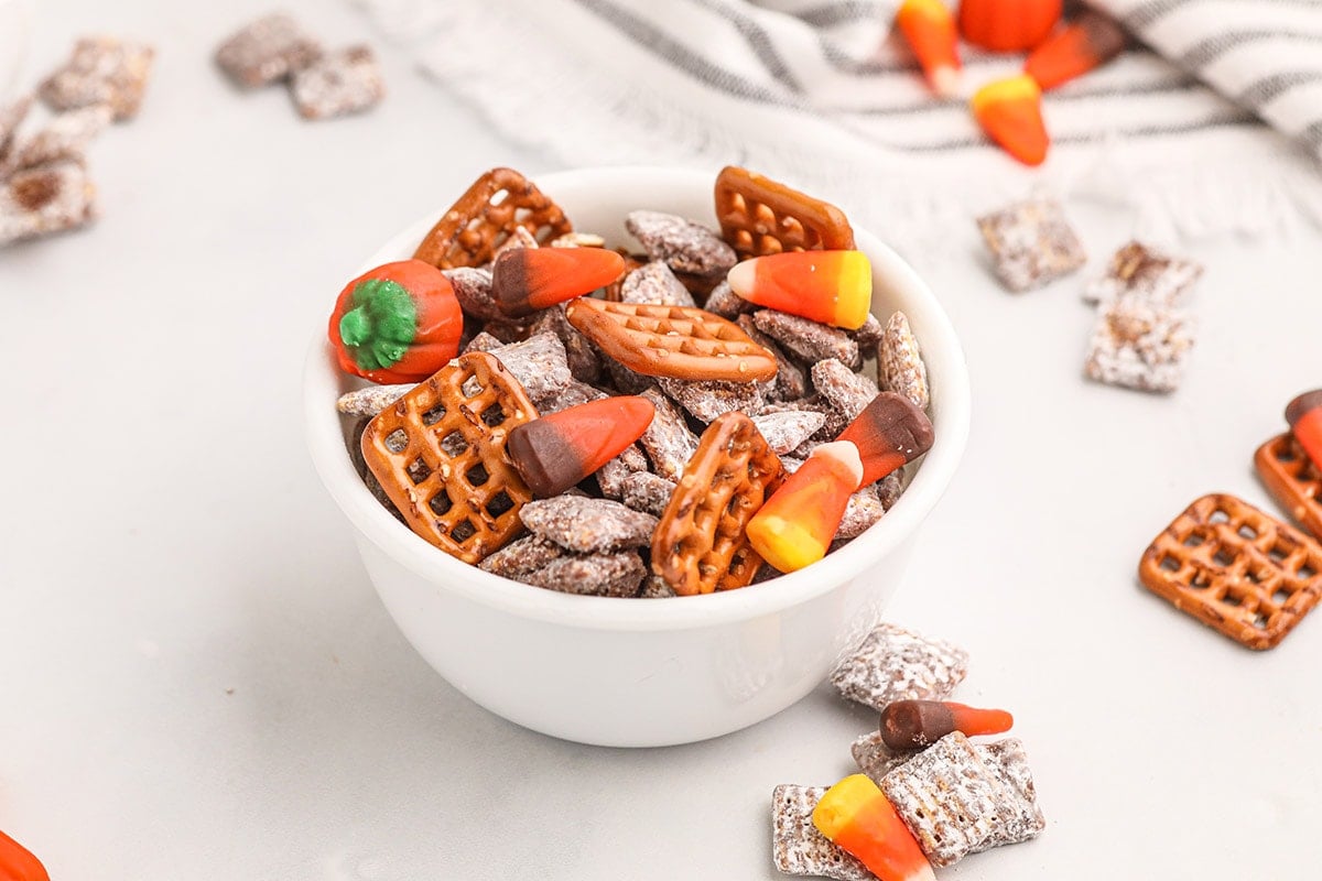 Fall Harvest Muddy Buddies in a white bowl