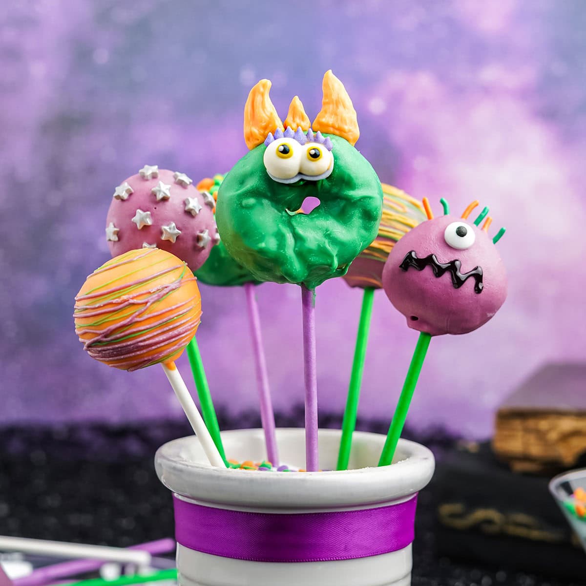 donut cake pops shaped like monsters for Halloween