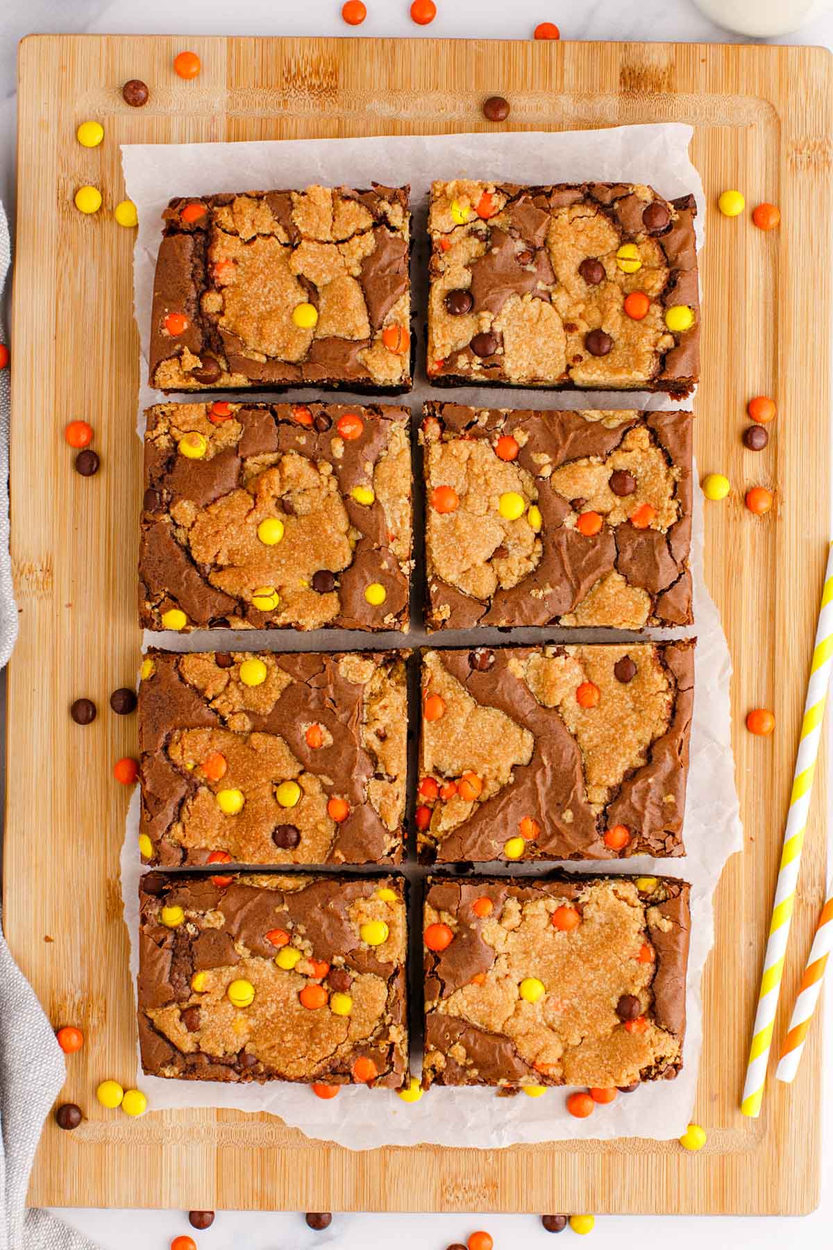 Peanut Butter Cookie Brownie Bars cut into squares