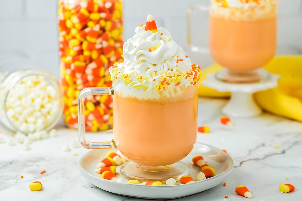 Candy Corn Hot Chocolate with whipped cream