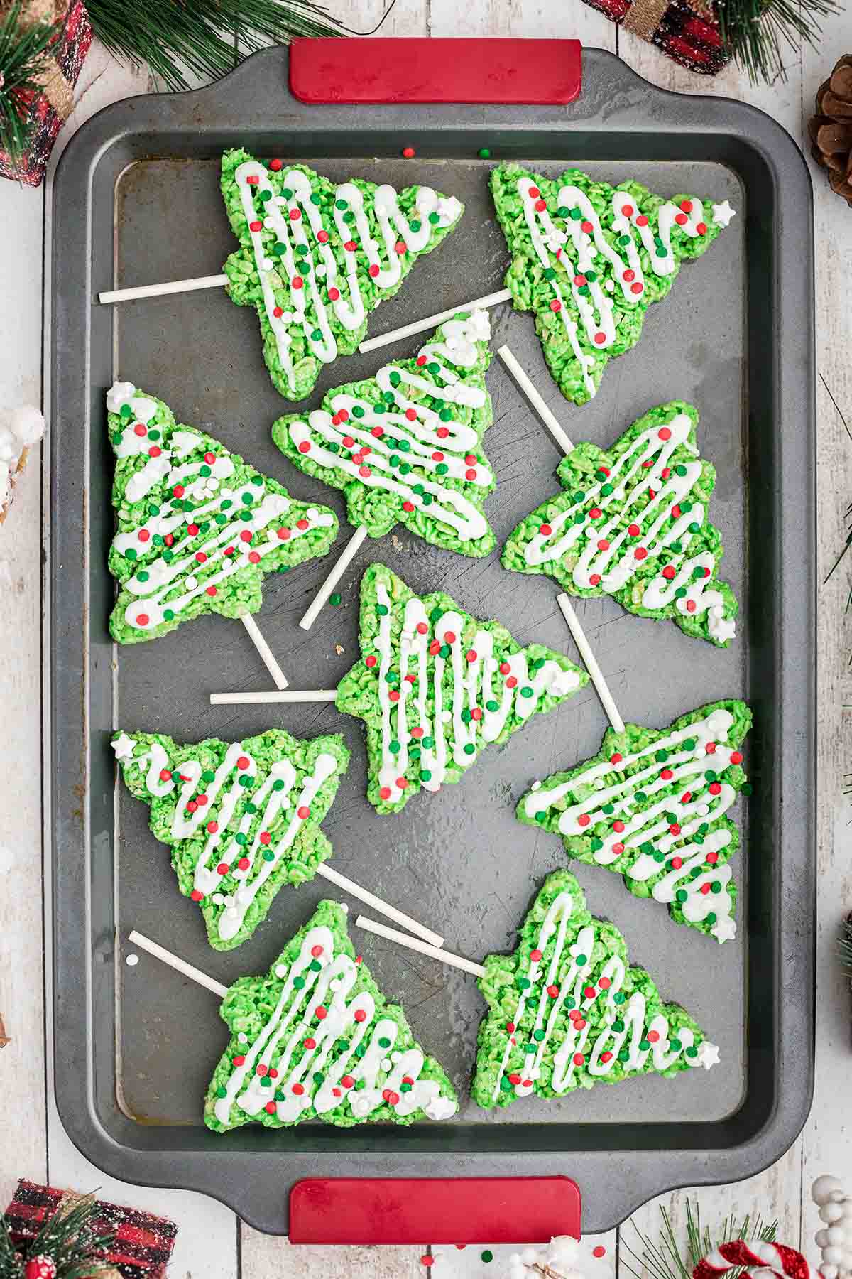 christmas rice krispie treats on a baking tray