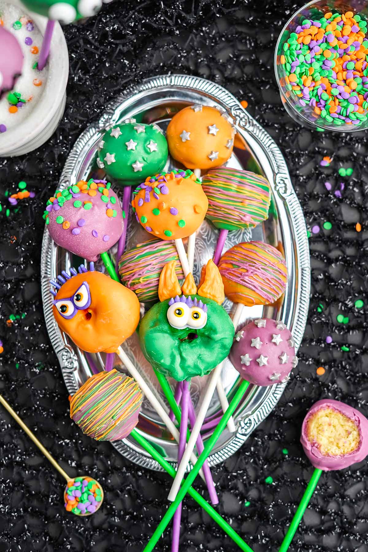 Monster Donut Hole Cake Pops on a plate