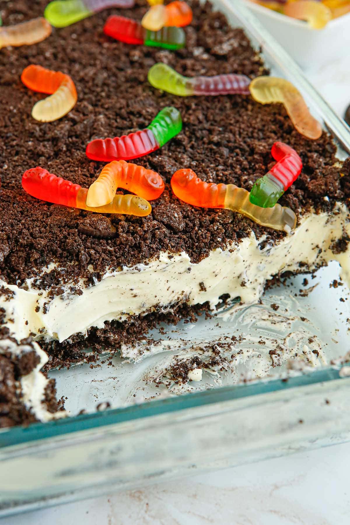 Oreo Dirt Cake with candy worm