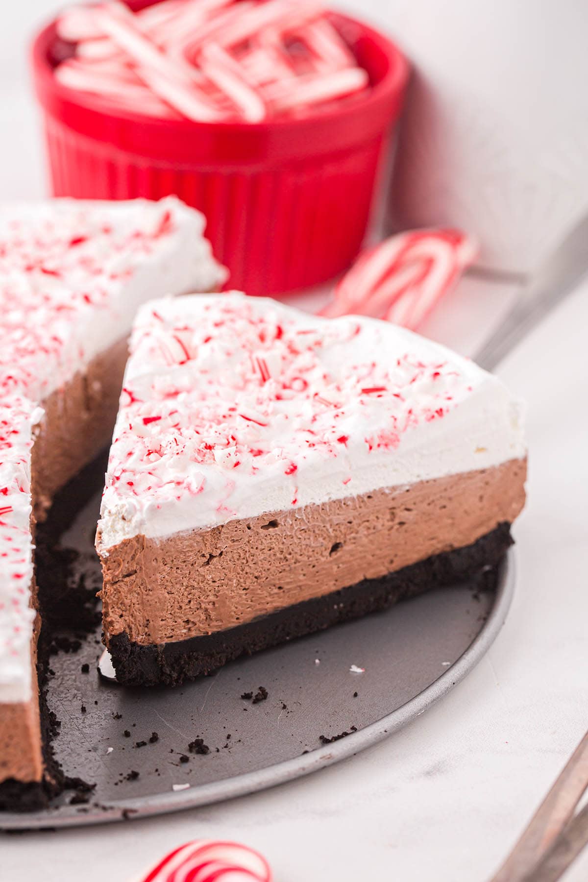 triangle cut of peppermint cheesecake