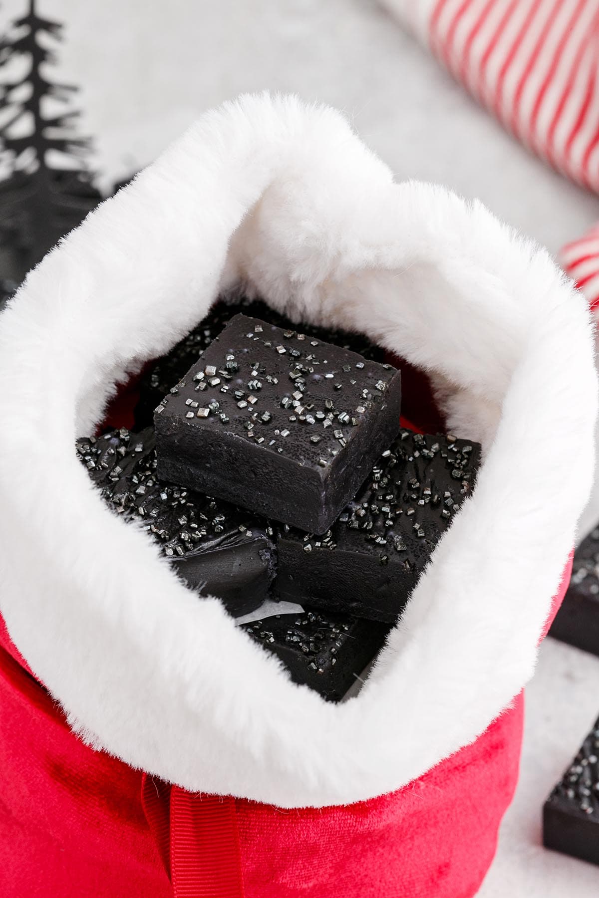 Christmas Coal Fudge inside Santa's bag