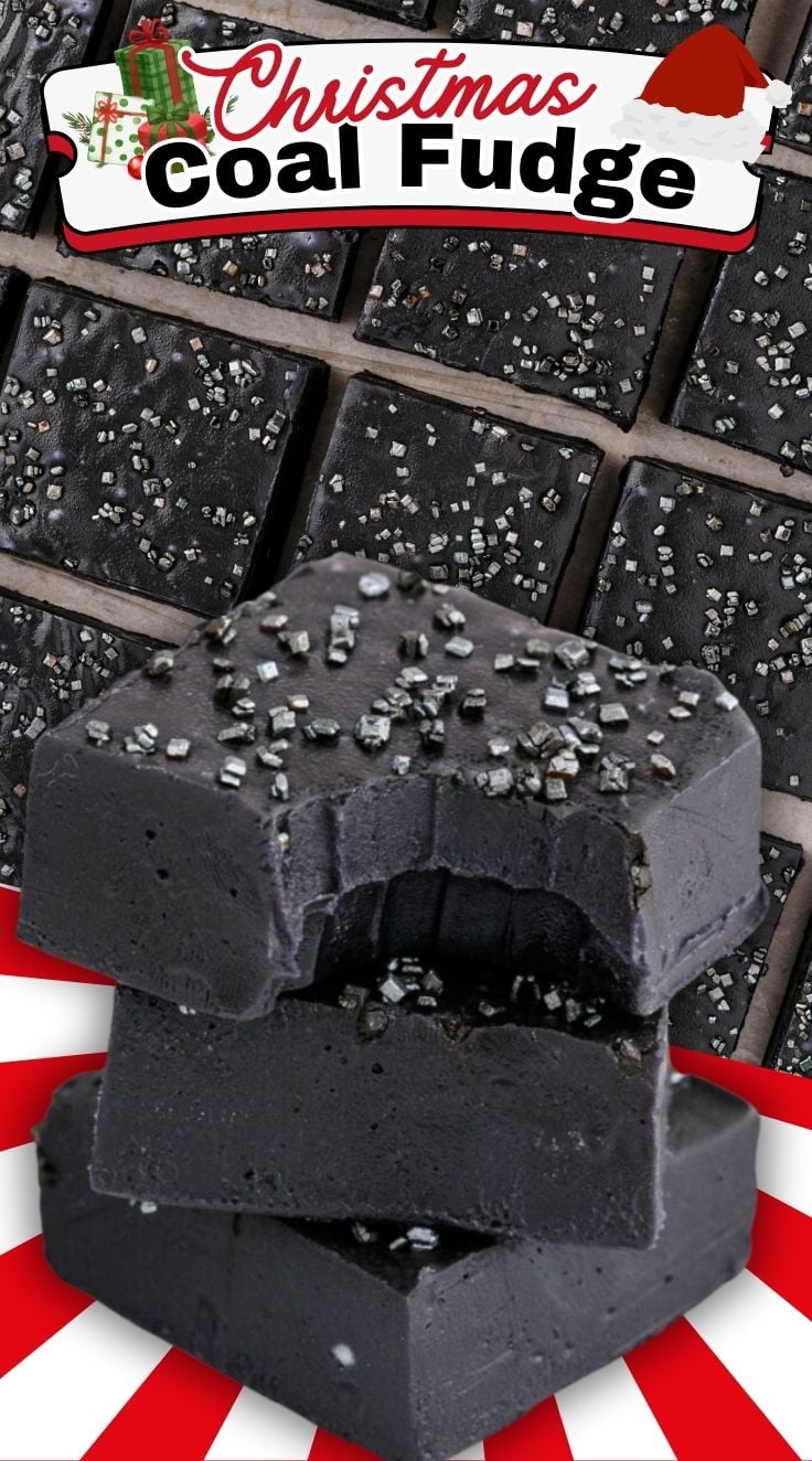 Square shaped Christmas Coal Fudge stacked on top of each other
