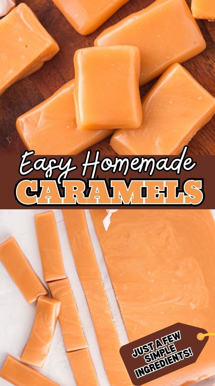 Freshly cut Homemade Caramels on a wooden board