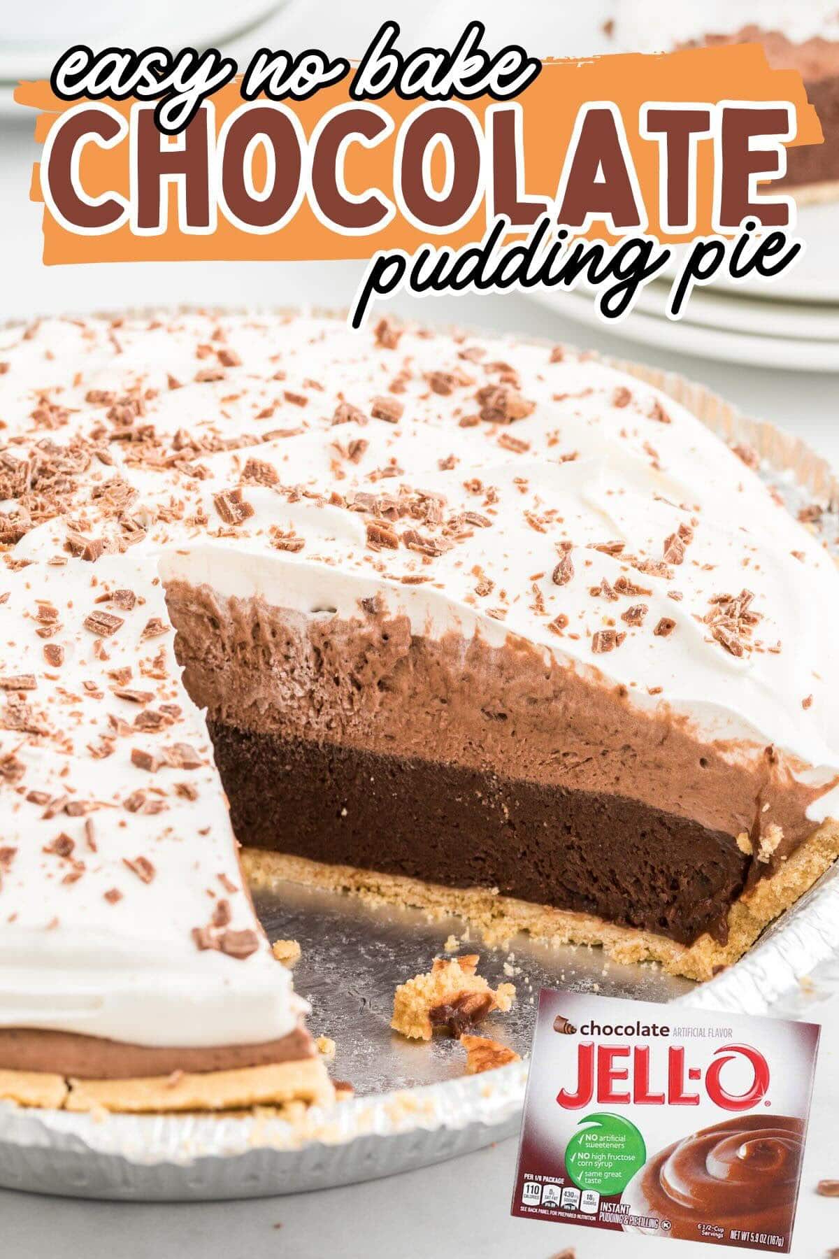 one whole No-Bake Chocolate Pudding Pie Pin - No-Bake Chocolate Pudding Pie with one slice missing showing the layers inside.