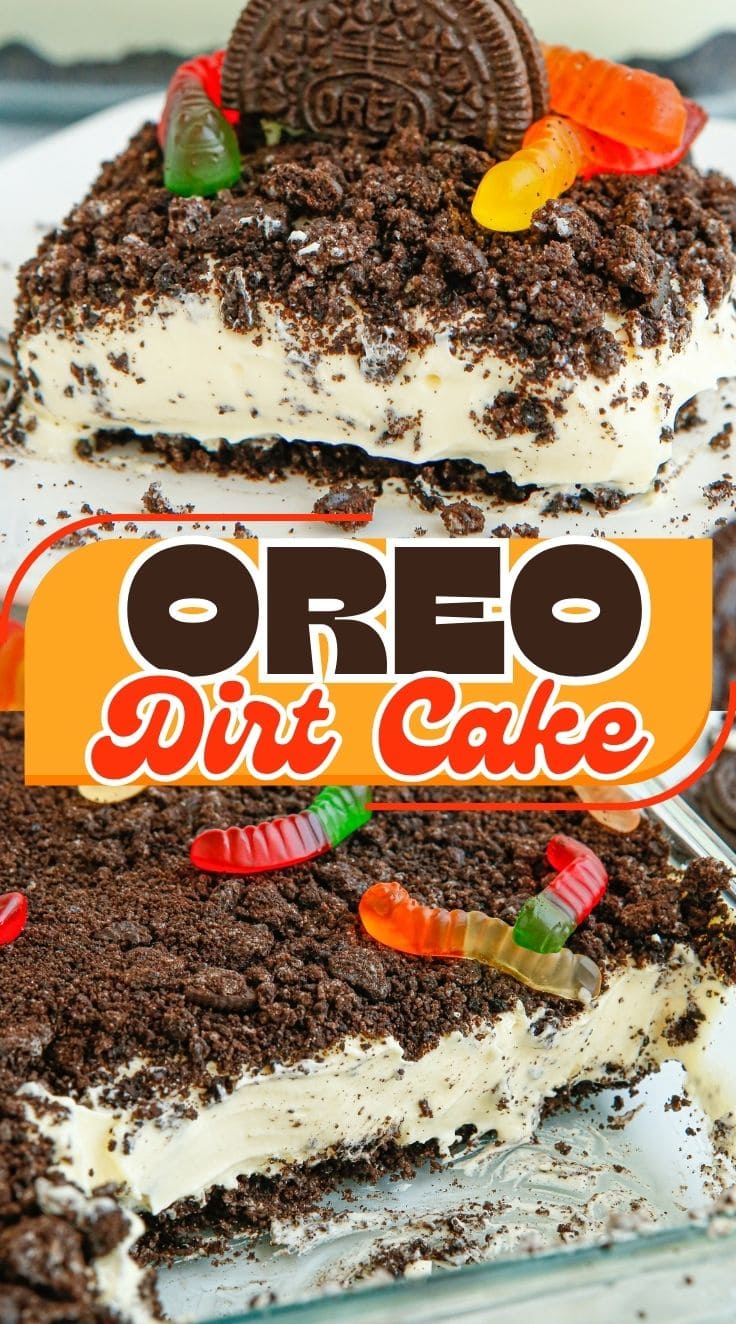 A slice of Oreo Dirt Cake served on a white plate