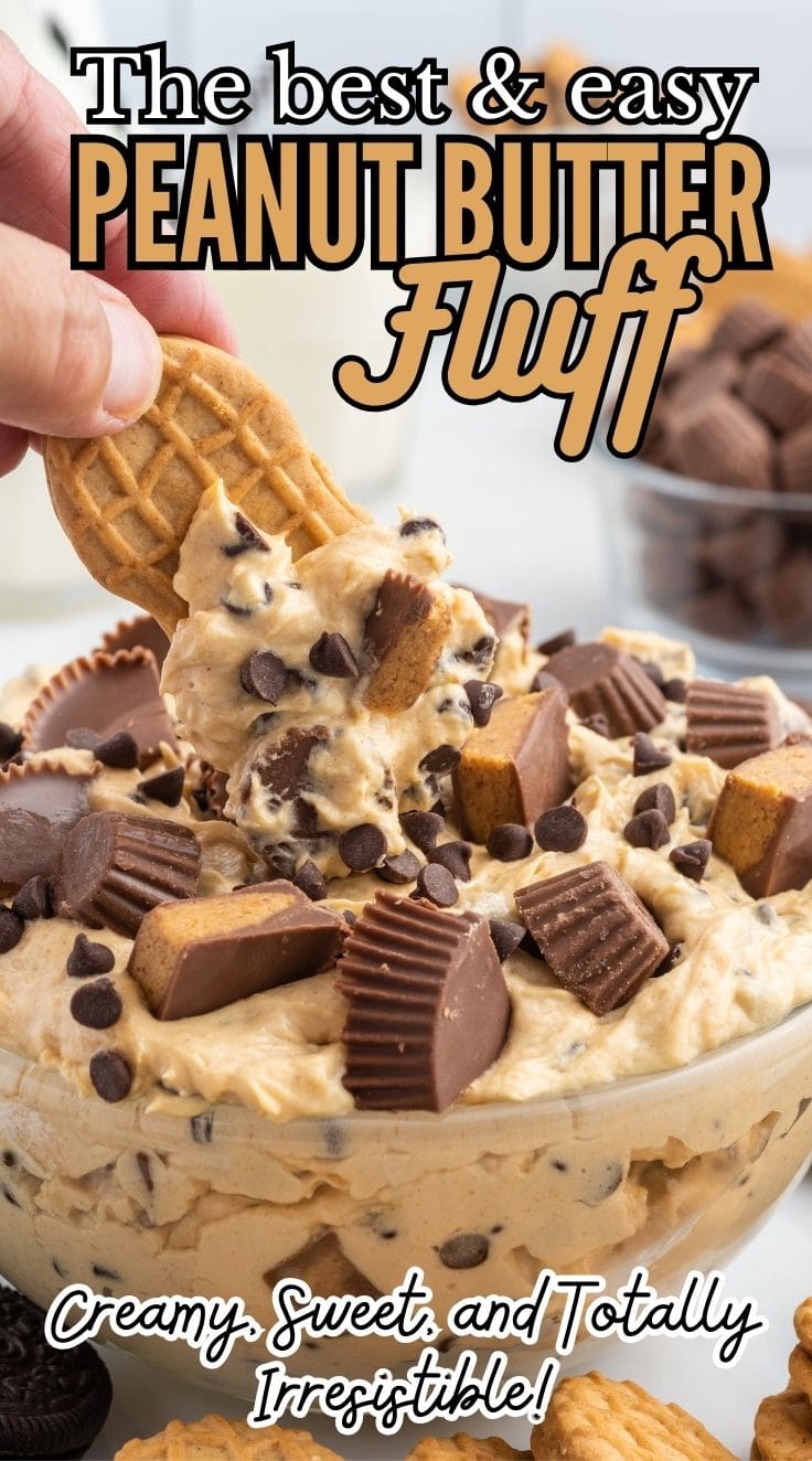 A biscuit being dipped into creamy peanut butter fluff dessert served in a bowl with a smooth, fluffy texture.