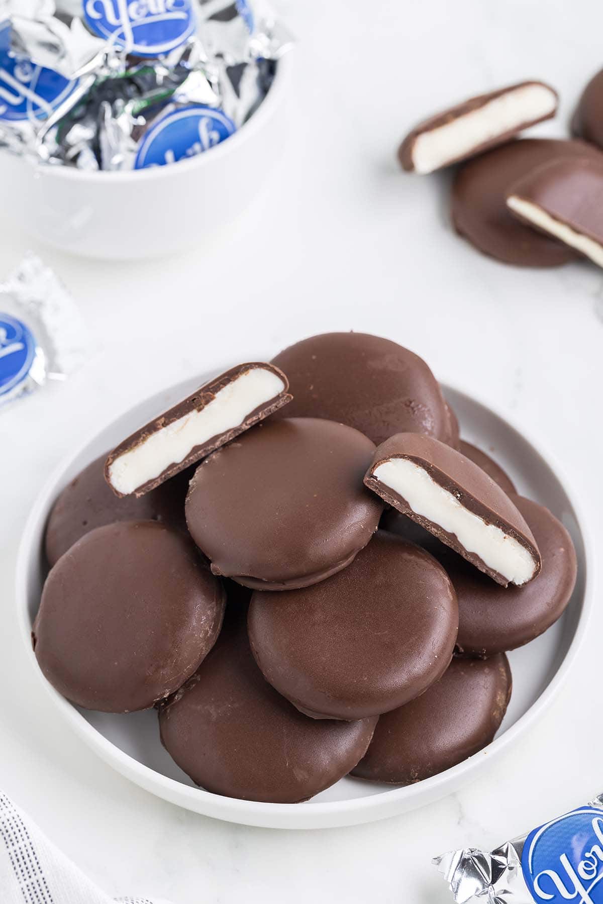 peppermint patties on a white plate.