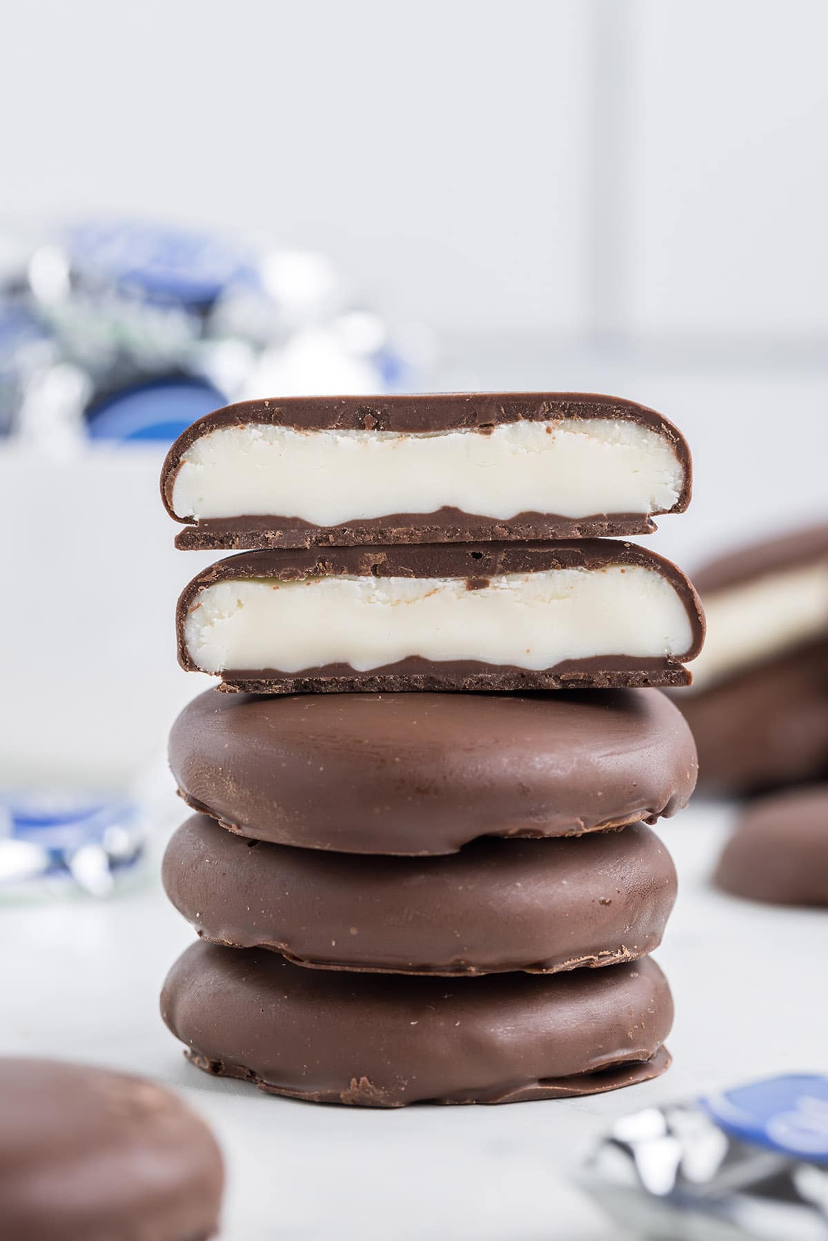 peppermint stacked on top and 1 split in half placed on top. 