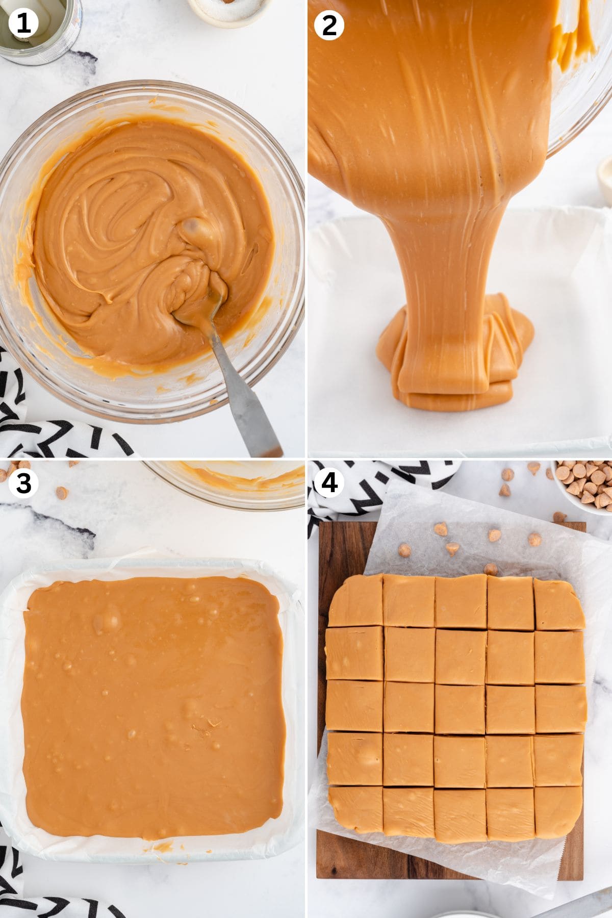 mix melted butterscotch chips and condensed milk, pour into a lined pan, smooth out, and cut into squares after cooling.