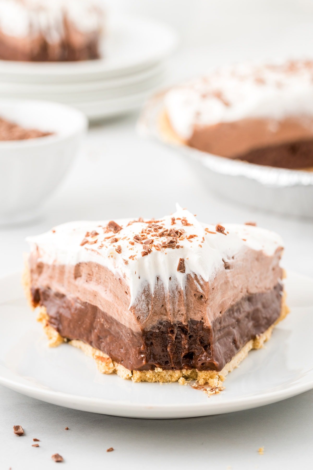 no bake chocolate pudding pie on a plate
