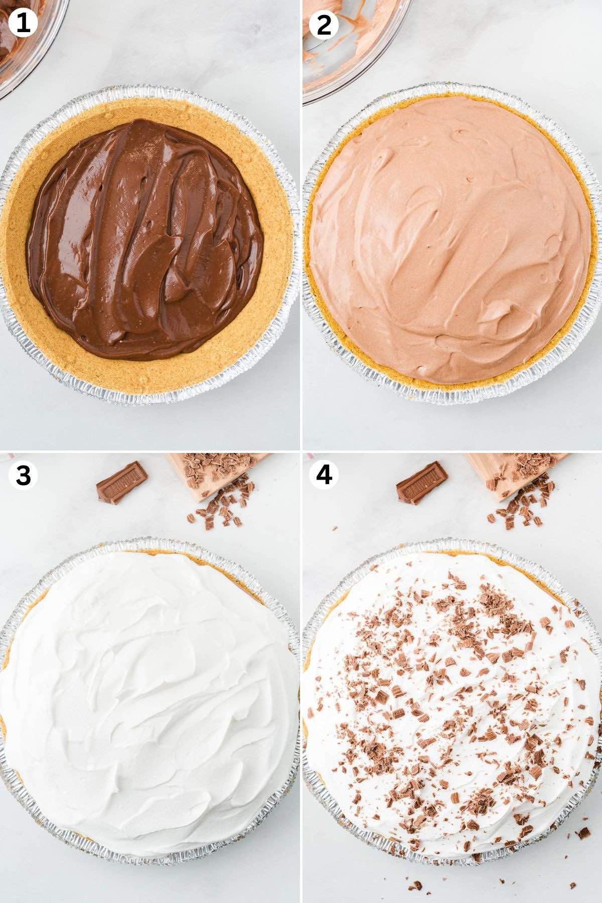 layer chocolate pudding in a graham cracker crust, add a pudding and whipped topping mixture, top with whipped cream, and garnish with chocolate shavings.