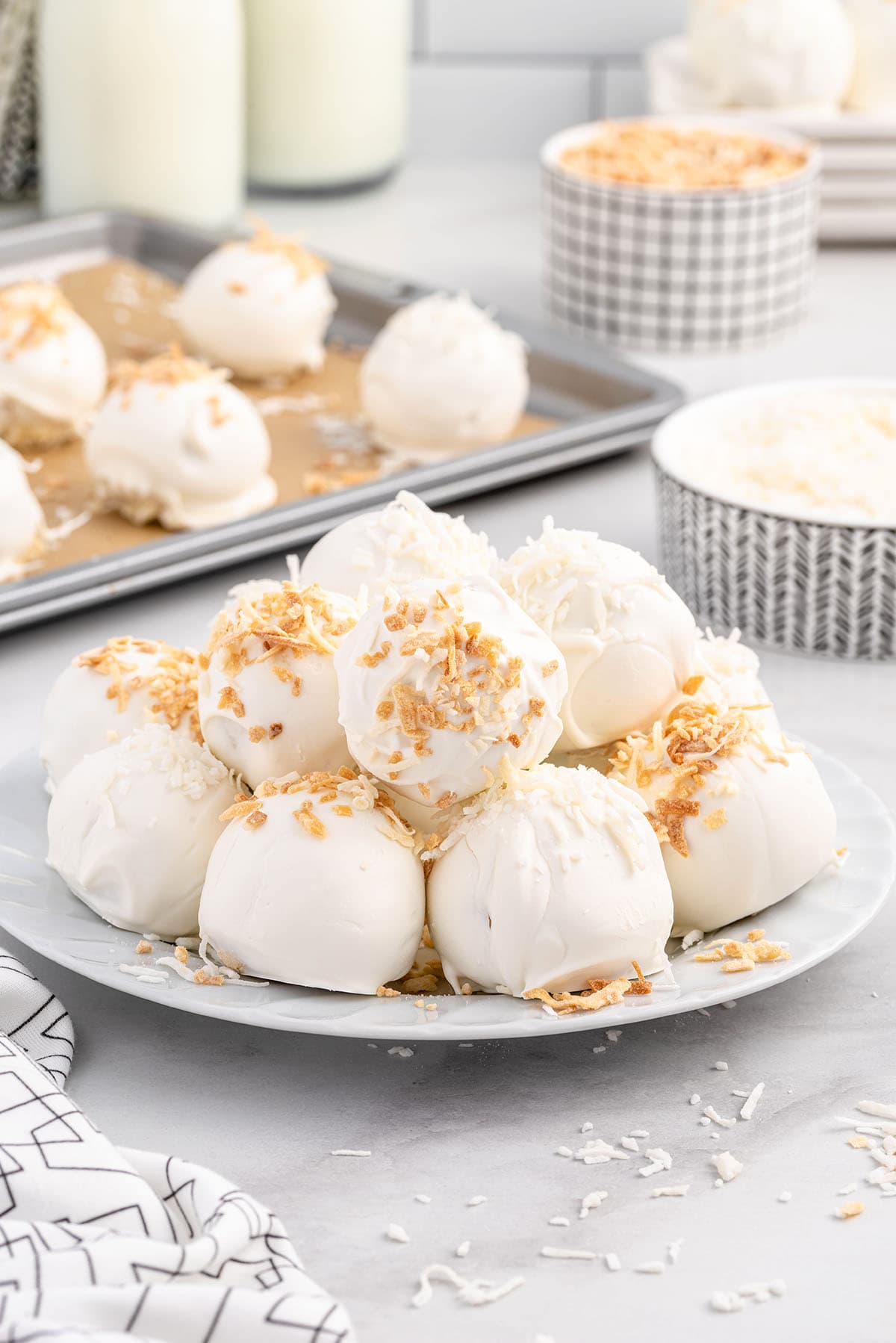 Coconut Cheesecake Bites on a plate
